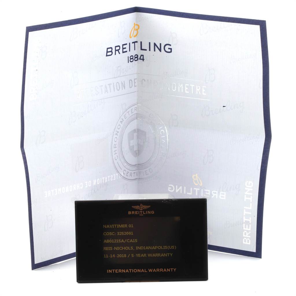 The image shows the warranty card and certificate for the Breitling Navitimer AB0121 Men
s Stainless Steel Blue Dial AB0121 Men
s Stainless Steel Blue Dial 01 watch.
