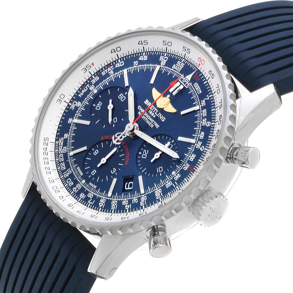 The image shows a Breitling Navitimer AB0121 Men
s Stainless Steel Blue Dial AB0121 Men
s Stainless Steel Blue Dial watch with a blue face, silver case, and a blue rubber strap, angled from the right side.