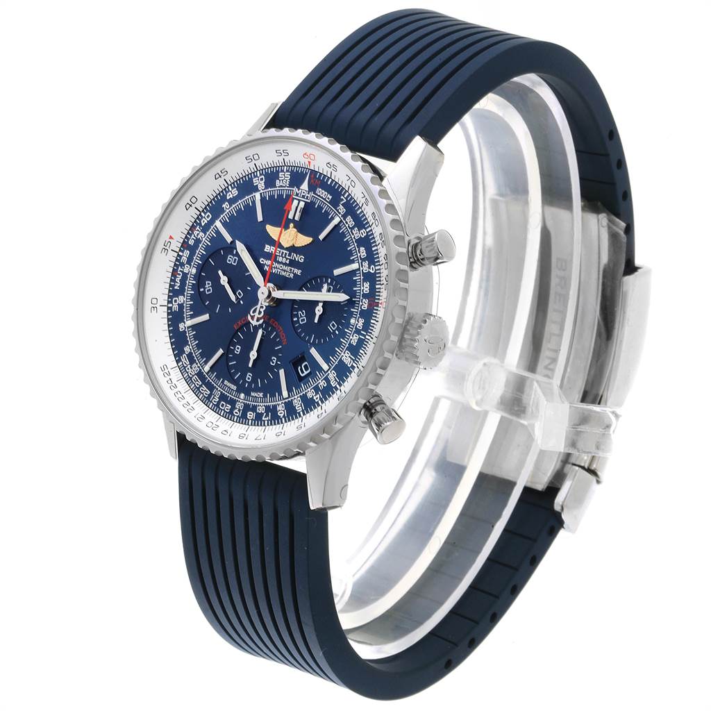 The image shows a side-angle view of the Breitling Navitimer AB0121 Men
s Stainless Steel Blue Dial AB0121 Men
s Stainless Steel Blue Dial watch, highlighting its blue dial, bezel, and rubber strap.
