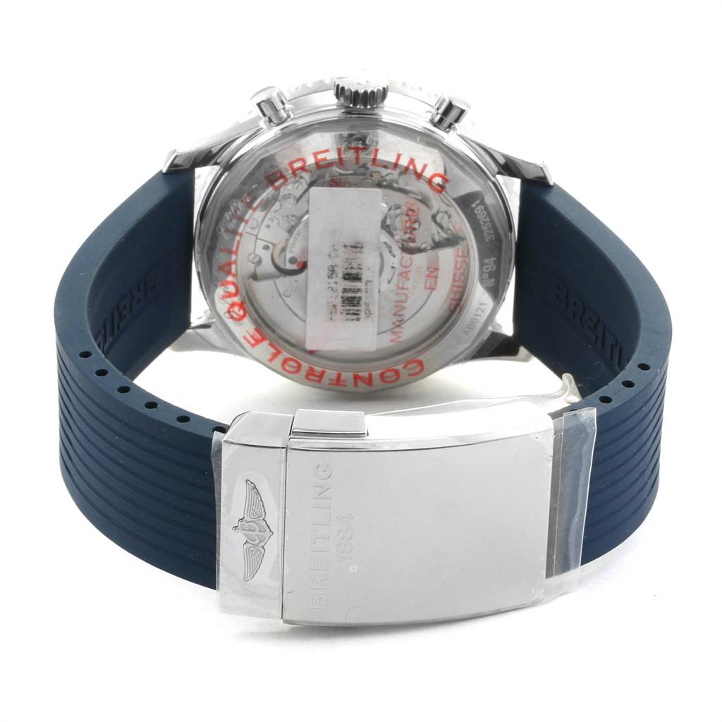 This image shows the back of a Breitling Navitimer AB0121 Men
s Stainless Steel Blue Dial AB0121 Men
s Stainless Steel Blue Dial watch, showcasing its movement and a blue rubber strap with a clasp.
