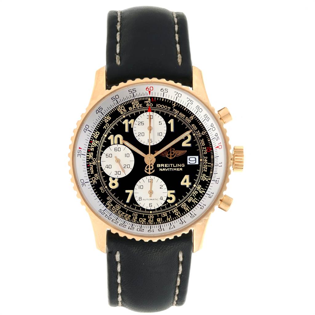 The image shows a front angle of the Breitling Navitimer K13022 Men
s Yellow Gold Black Dial K13022 Men
s Yellow Gold Black Dial watch, highlighting the black dial, chronograph subdials, and black leather strap.
