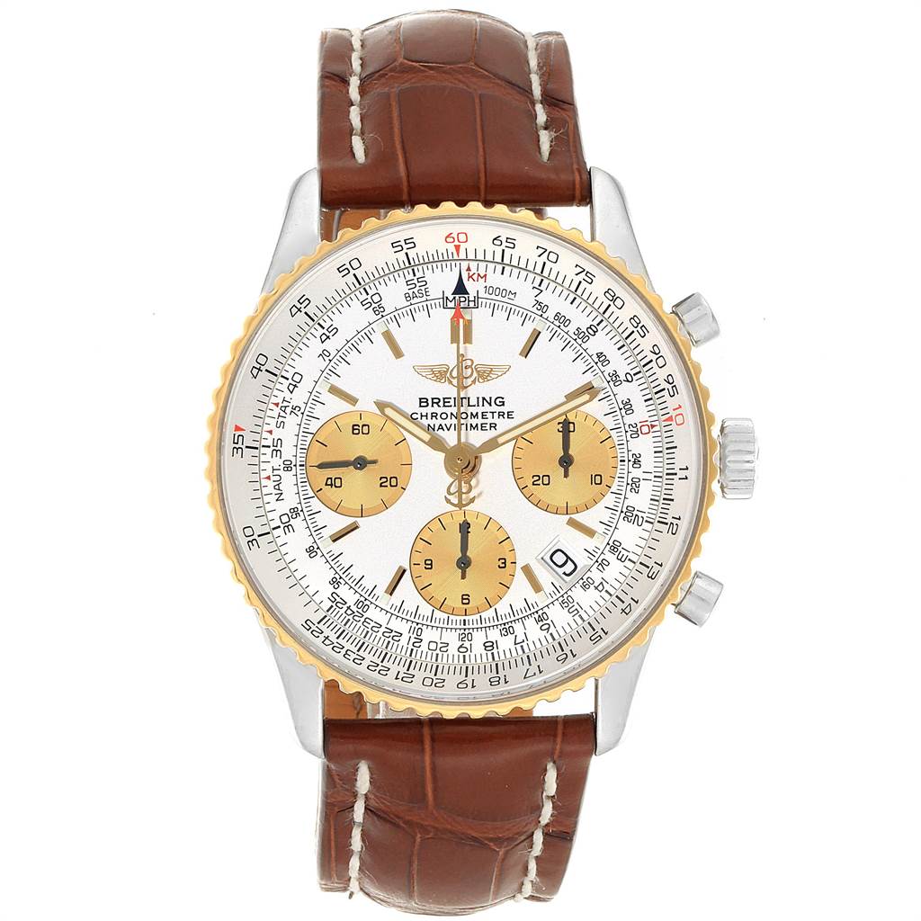 This Breitling Navitimer D23322 Men's Stainless Steel Silver Dial D23322 Men's Stainless Steel Silver Dial watch is shown from the front, displaying its dial, bezel, subdials, and brown leather strap.