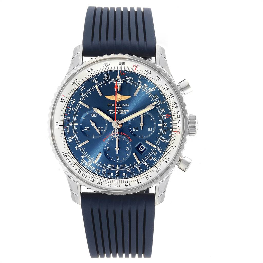 This image shows a top-down view of the Breitling Navitimer AB01274A/CA14 Men's Stainless Steel Blue Dial AB01274A/CA14 Men's Stainless Steel Blue Dial watch displaying its dial, bezel, pushers, and strap.