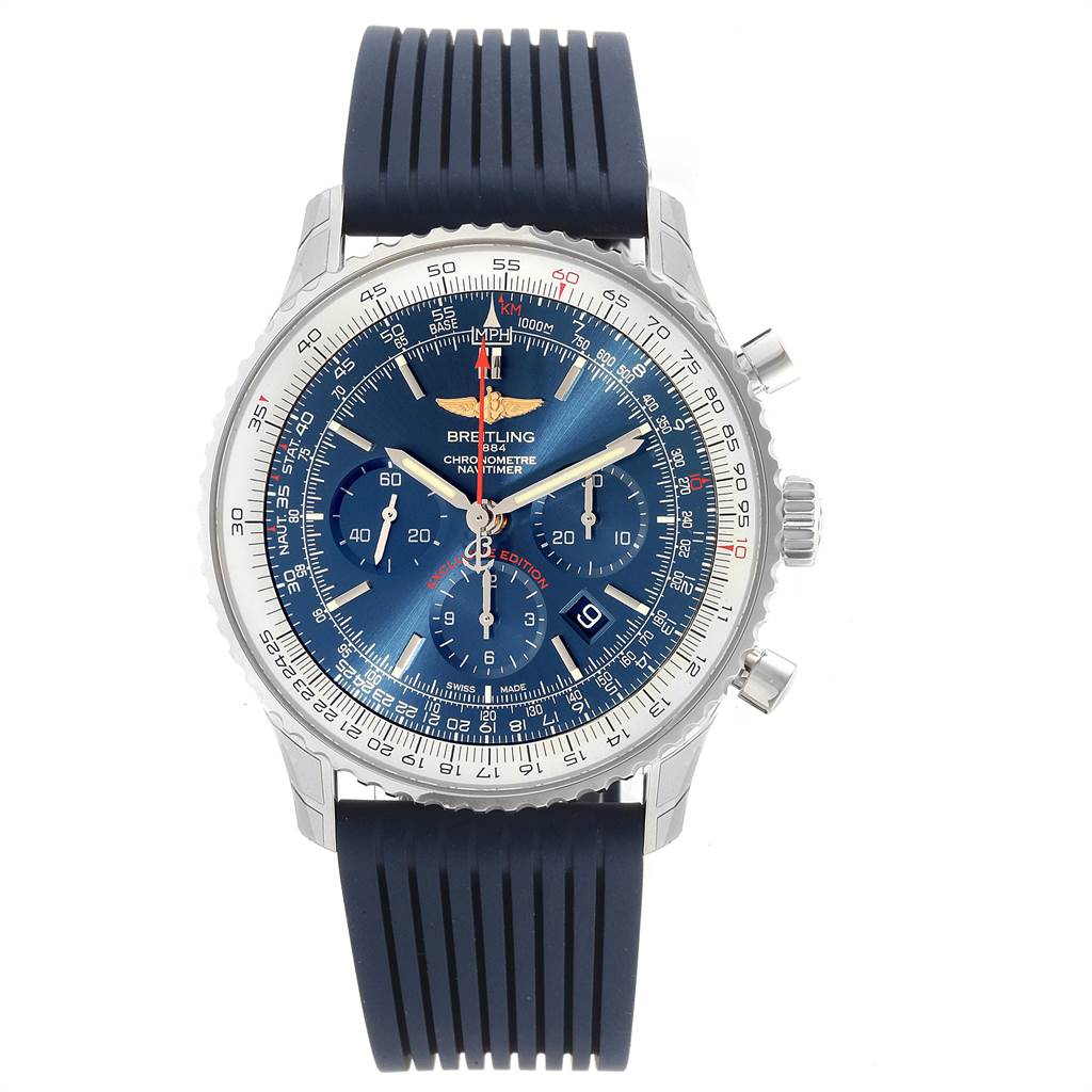 This image shows a frontal view of the Breitling Navitimer AB01274A/CA14 Men's Stainless Steel Blue Dial AB01274A/CA14 Men's Stainless Steel Blue Dial watch with a blue face, chronographs, and a blue strap.