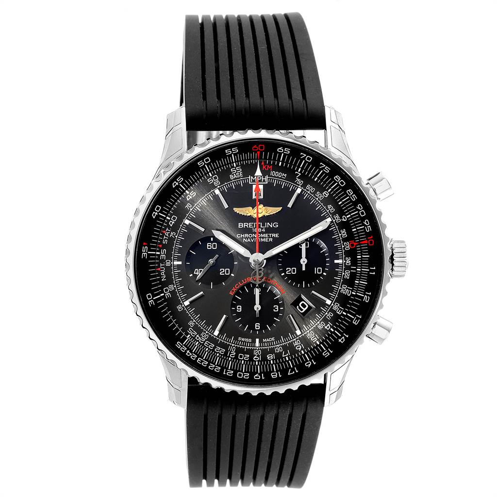 The image shows a front view of a Breitling Navitimer AB0127 Men's Stainless Steel Grey Dial AB0127 Men's Stainless Steel Grey Dial watch, highlighting the black dial, chronograph subdials, bezel, and black strap.