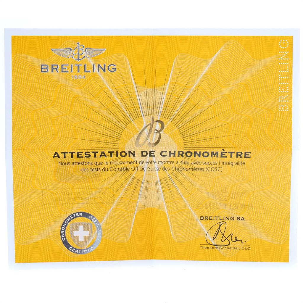 The image shows a Breitling Navitimer AB01274A/CA14 Men's Stainless Steel Blue Dial AB01274A/CA14 Men's Stainless Steel Blue Dial Chronometer Certification document featuring the brand's logo and official signatures.