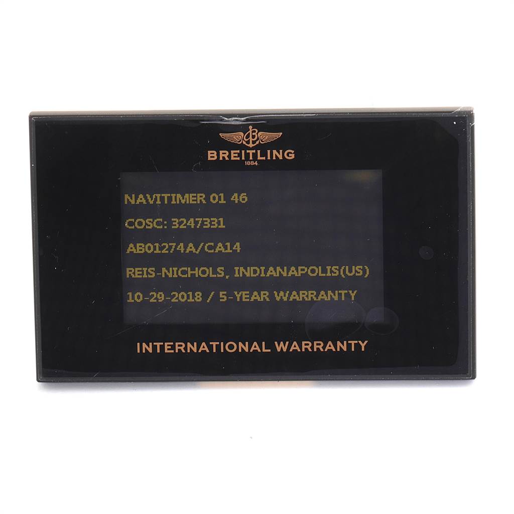 The image shows the international warranty card for a Breitling Navitimer AB01274A/CA14 Men's Stainless Steel Blue Dial AB01274A/CA14 Men's Stainless Steel Blue Dial 01 46 watch.