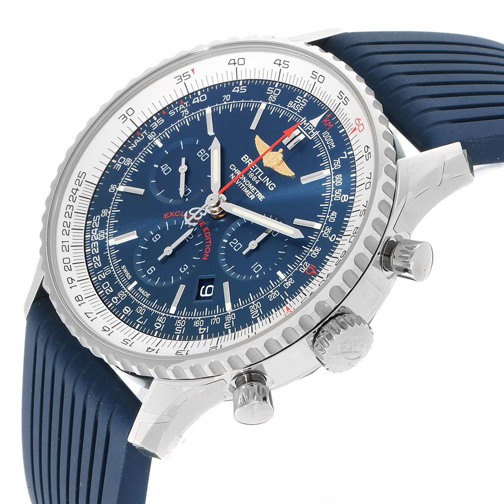 The image shows a Breitling Navitimer AB01274A/CA14 Men's Stainless Steel Blue Dial AB01274A/CA14 Men's Stainless Steel Blue Dial watch at a three-quarter angle, highlighting its dial, bezel, crown, pushers, and strap.