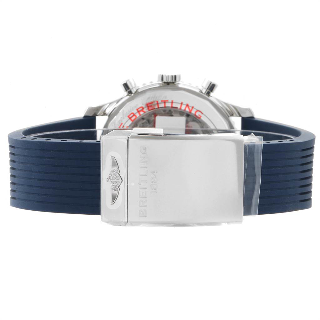 The image shows the back of a Breitling Navitimer AB01274A/CA14 Men's Stainless Steel Blue Dial AB01274A/CA14 Men's Stainless Steel Blue Dial watch with a blue rubber strap and a stainless steel clasp.