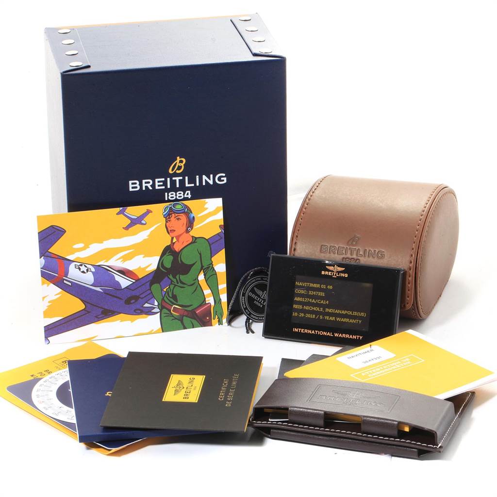 The image shows the Breitling Navitimer AB01274A/CA14 Men's Stainless Steel Blue Dial AB01274A/CA14 Men's Stainless Steel Blue Dial packaging, warranty cards, manuals, and a leather travel case, but no watch.