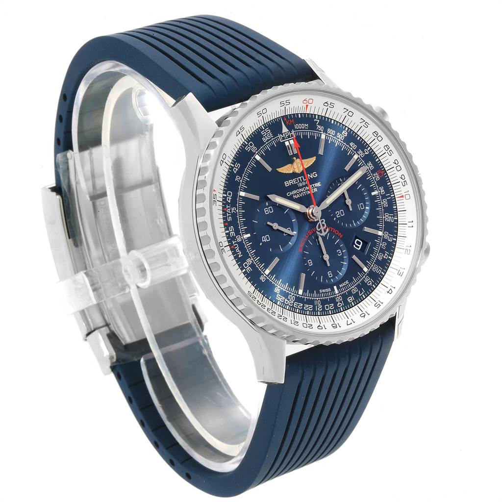 The image shows a side angle of a Breitling Navitimer AB01274A/CA14 Men's Stainless Steel Blue Dial AB01274A/CA14 Men's Stainless Steel Blue Dial watch with a blue dial and a matching rubber strap.