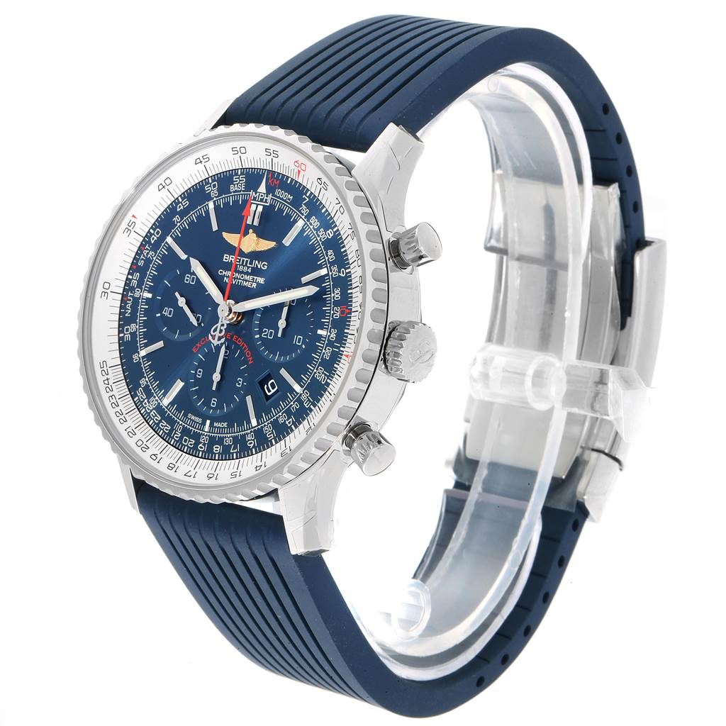 The image shows a Breitling Navitimer AB01274A/CA14 Men's Stainless Steel Blue Dial AB01274A/CA14 Men's Stainless Steel Blue Dial watch at a three-quarter angle, highlighting the face, strap, and side buttons.