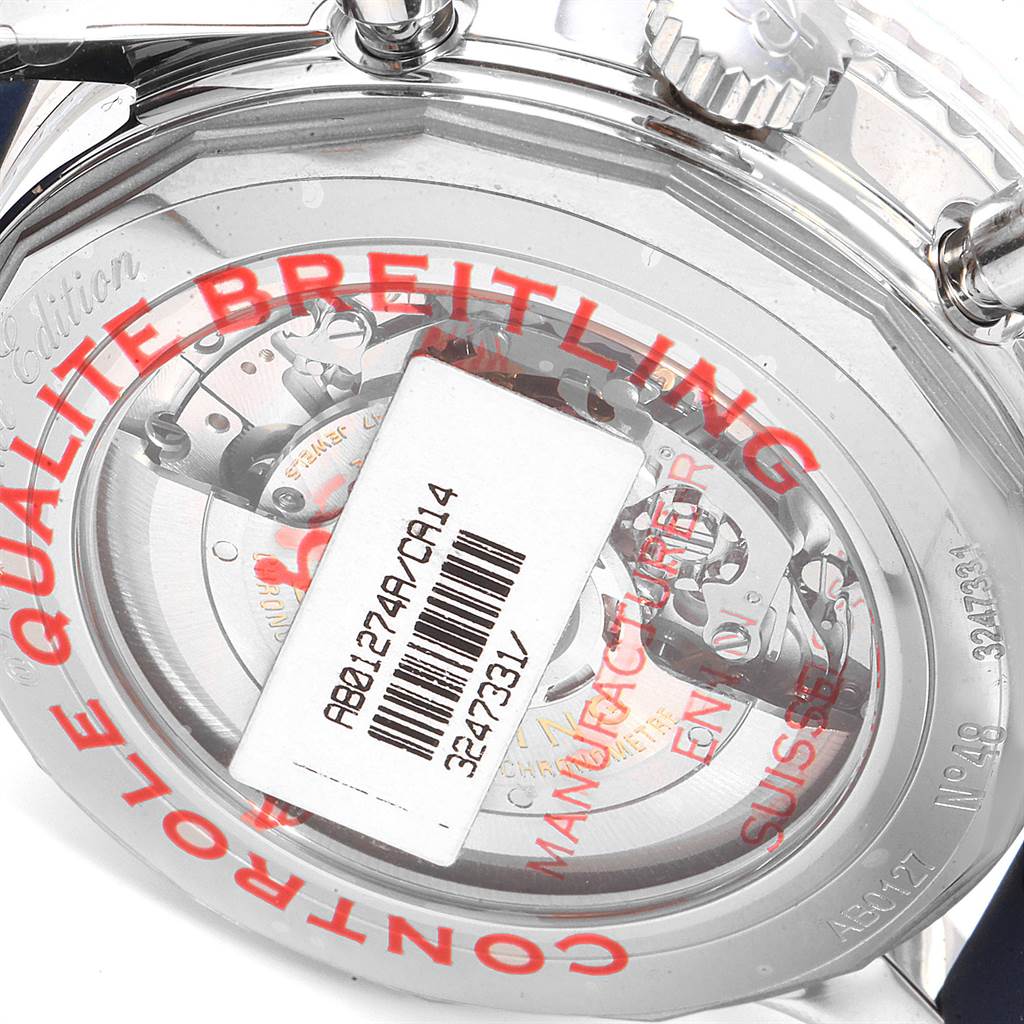 The image shows the back side of a Breitling Navitimer AB01274A/CA14 Men's Stainless Steel Blue Dial AB01274A/CA14 Men's Stainless Steel Blue Dial watch, highlighting the case back and internal mechanism.