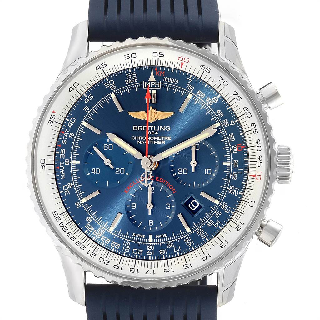This is a close-up shot of the Breitling Navitimer AB01274A/CA14 Men's Stainless Steel Blue Dial AB01274A/CA14 Men's Stainless Steel Blue Dial watch highlighting its blue dial, chronograph subdials, and date window.