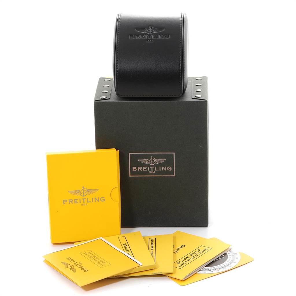 This image shows a box, case, and manuals for the Breitling Navitimer A23322 Men's Stainless Steel Black Dial A23322 Men's Stainless Steel Black Dial watch.