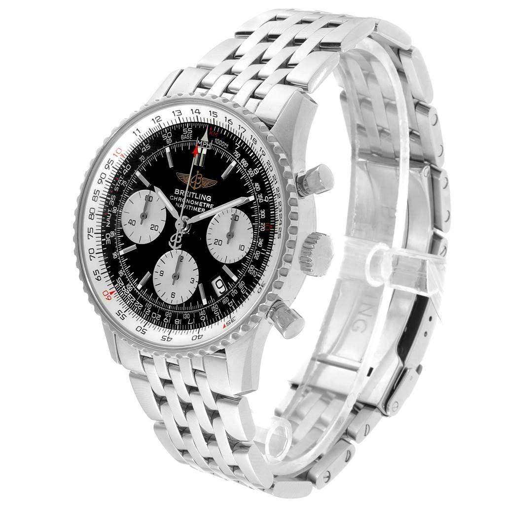 The Breitling Navitimer A23322 Men's Stainless Steel Black Dial A23322 Men's Stainless Steel Black Dial watch is shown from a slightly tilted angle, displaying its face, bezel, and metal bracelet.