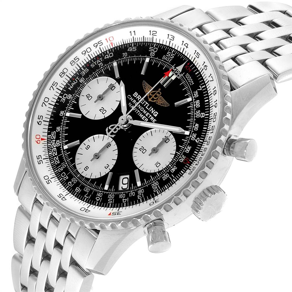 The Breitling Navitimer A23322 Men's Stainless Steel Black Dial A23322 Men's Stainless Steel Black Dial watch is shown at an angled side view, highlighting the face, chronograph subdials, and steel bracelet.
