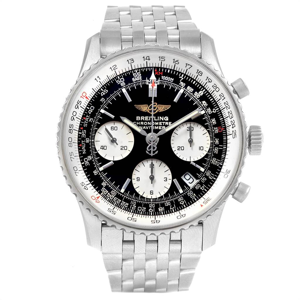 The image shows a front view of the Breitling Navitimer A23322 Men's Stainless Steel Black Dial A23322 Men's Stainless Steel Black Dial watch, displaying the dial, bezel, chronograph subdials, and metal strap.