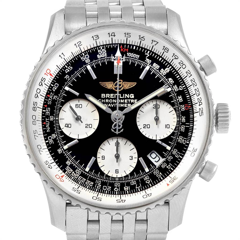 The image shows a front view of a Breitling Navitimer A23322 Men's Stainless Steel Black Dial A23322 Men's Stainless Steel Black Dial watch, highlighting its dial, chronograph subdials, and bracelet.