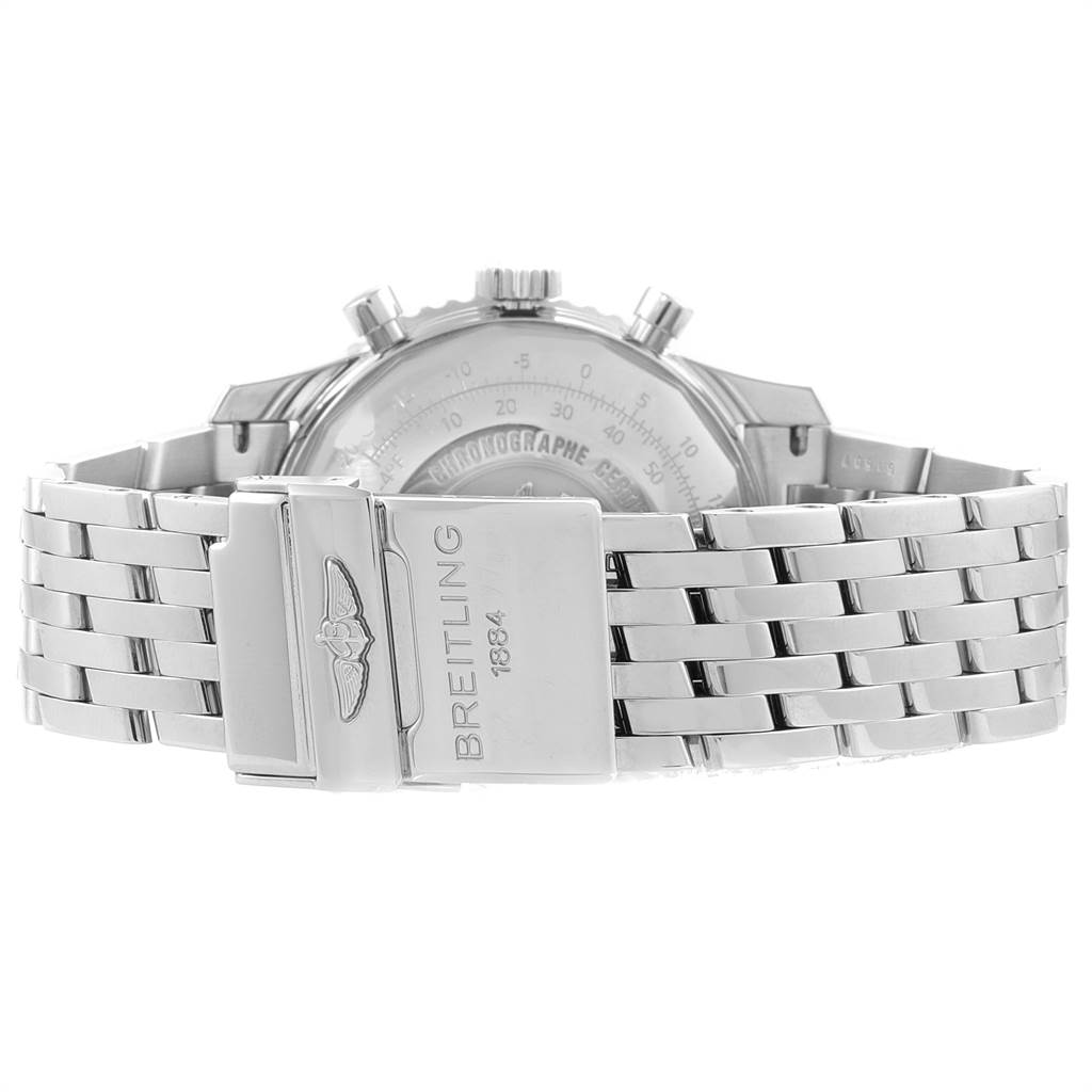 This image shows the Breitling Navitimer A23322 Men's Stainless Steel Black Dial A23322 Men's Stainless Steel Black Dial watch from the back, highlighting its stainless steel bracelet and clasp.