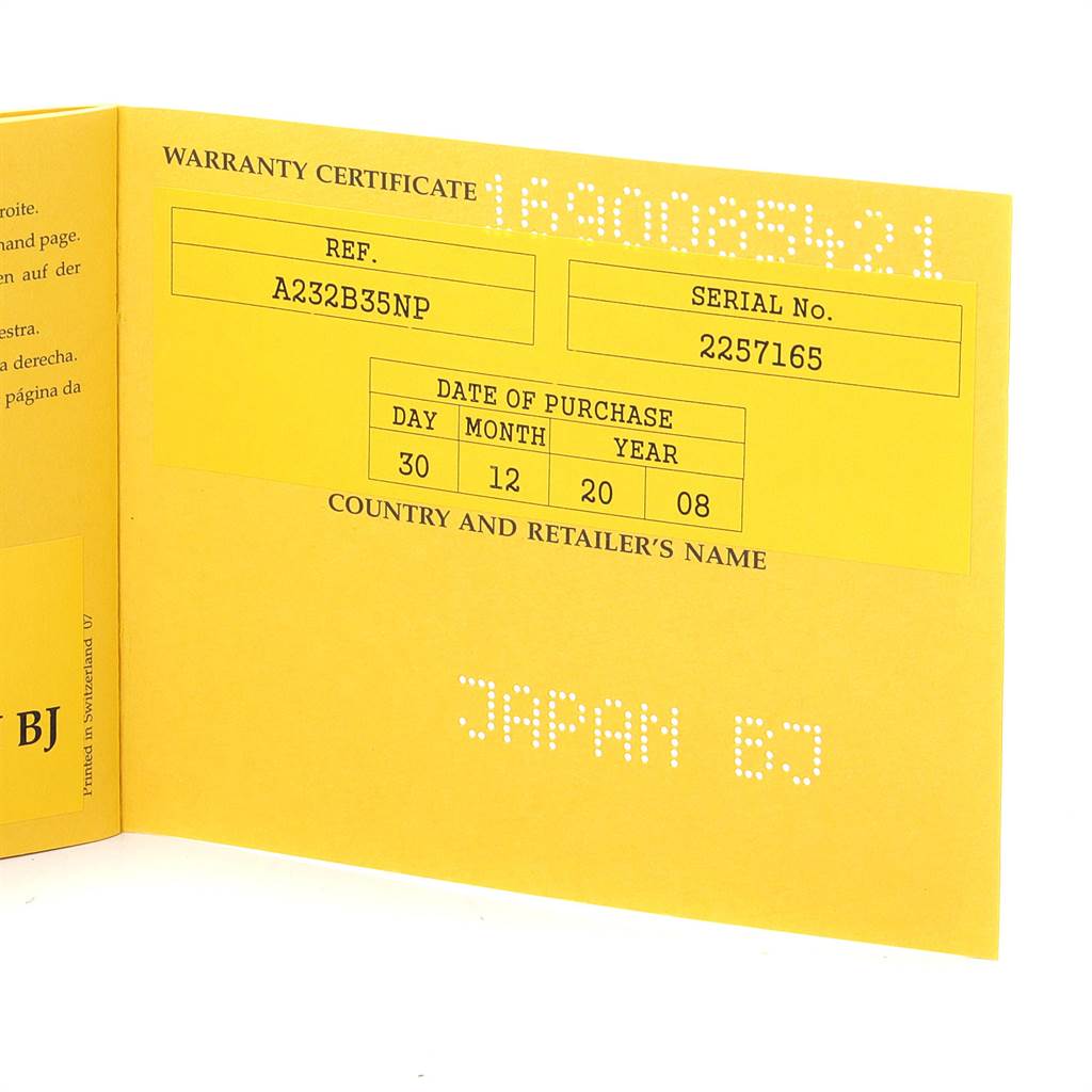 The image shows the warranty certificate for a Breitling Navitimer A23322 Men's Stainless Steel Black Dial A23322 Men's Stainless Steel Black Dial watch, detailing the reference number, serial number, and date of purchase.