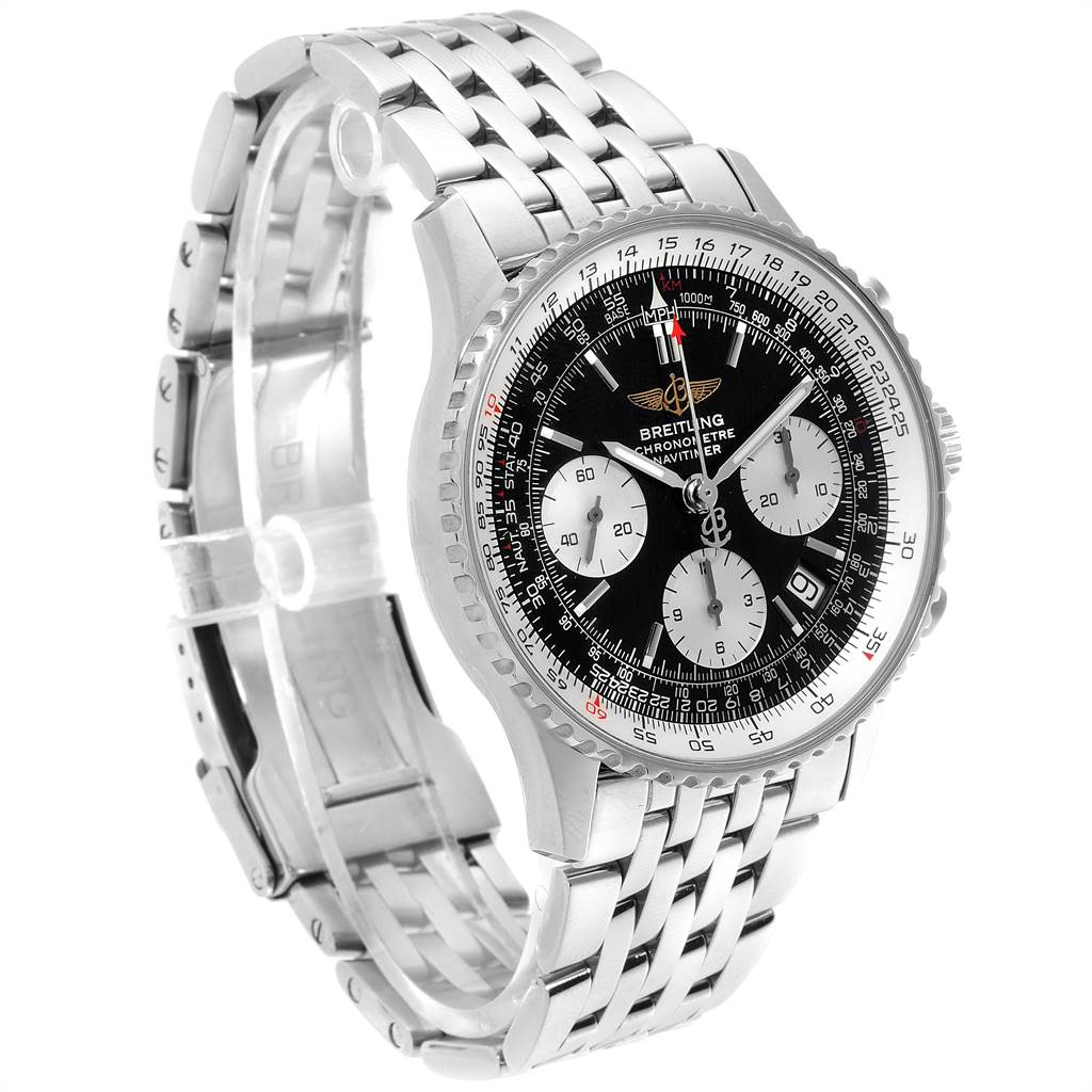This image shows a Breitling Navitimer A23322 Men's Stainless Steel Black Dial A23322 Men's Stainless Steel Black Dial watch in a three-quarter view, highlighting its face, bezel, and metal bracelet.