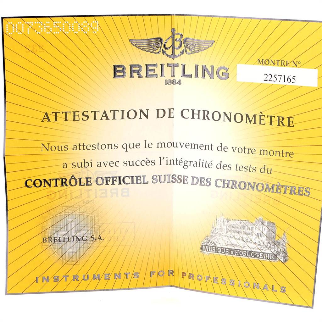 This image shows a certificate of chronometer for the Breitling Navitimer A23322 Men's Stainless Steel Black Dial A23322 Men's Stainless Steel Black Dial watch, detailing its successful movement test results.