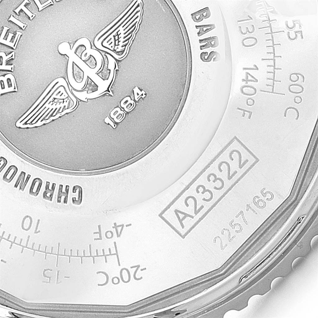 This image shows the back of the Breitling Navitimer A23322 Men's Stainless Steel Black Dial A23322 Men's Stainless Steel Black Dial watch, highlighting engravings and the model number.