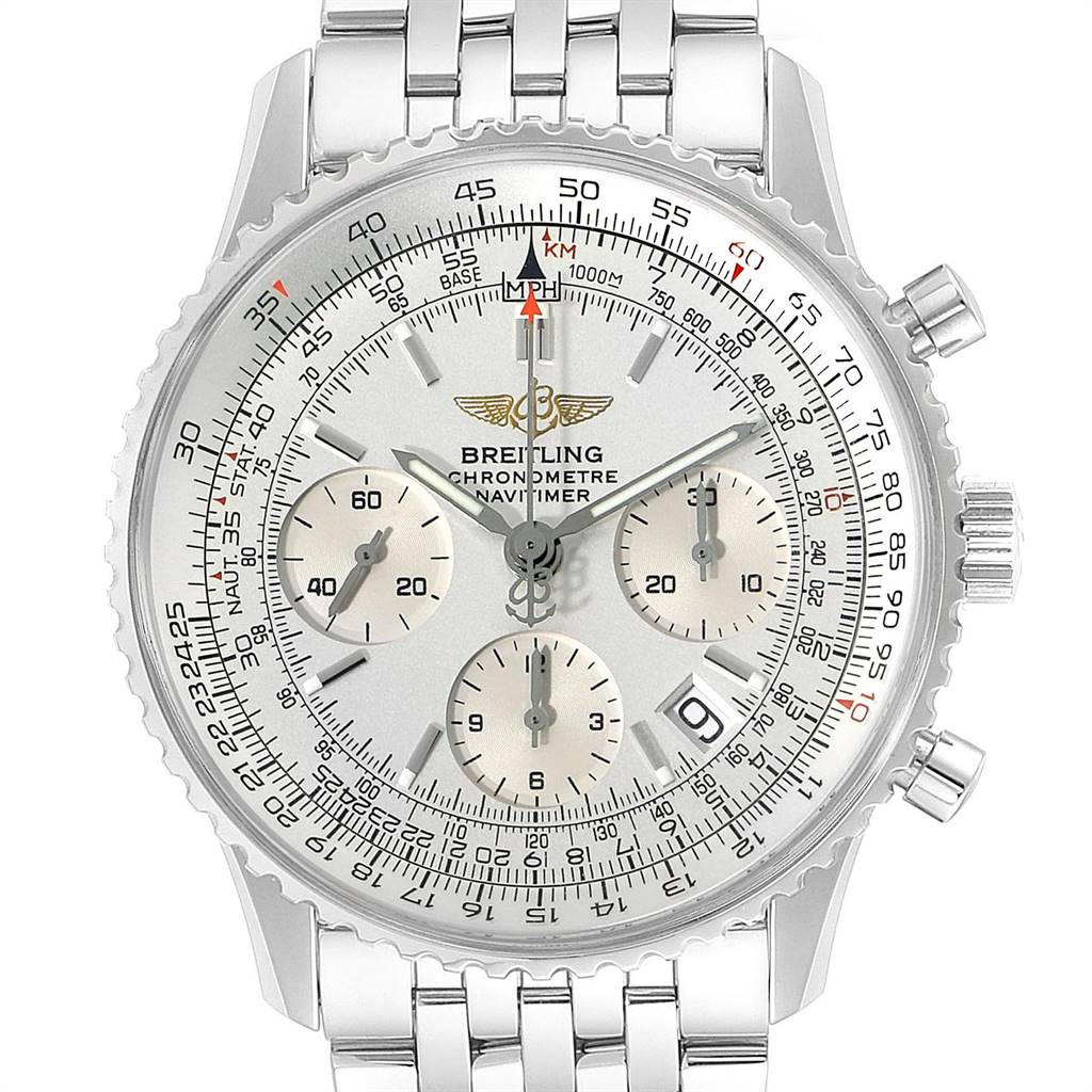 This image shows a front view of a Breitling Navitimer A23322 Men's Stainless Steel Silver Dial A23322 Men's Stainless Steel Silver Dial watch, highlighting its dial, bezel, chronograph subdials, and bracelet.