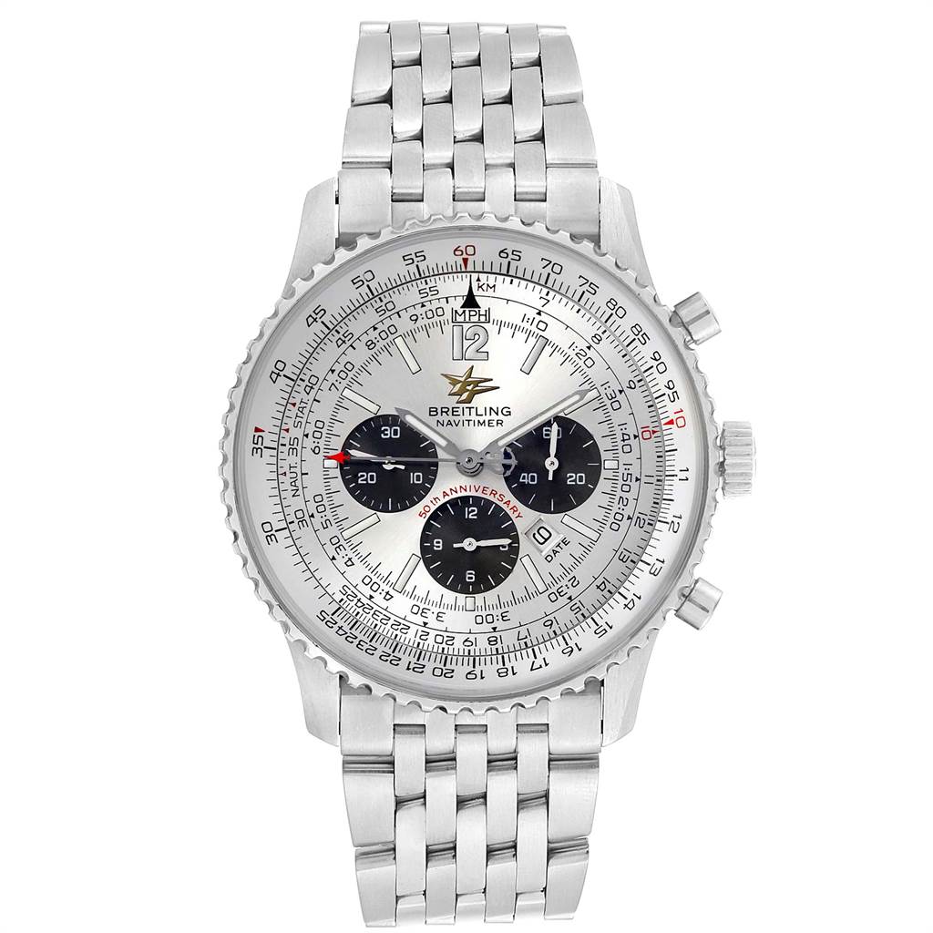 This image shows the front view of a Breitling Navitimer A41322 Men's Stainless Steel Silver Dial A41322 Men's Stainless Steel Silver Dial watch, displaying the dial, bezel, chronograph subdials, and bracelet.