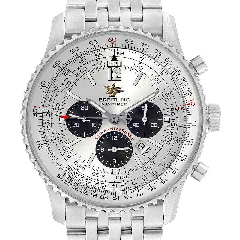 Breitling Navitimer 50th Anniversary Silver Dial Mens Watch A41322 SwissWatchExpo