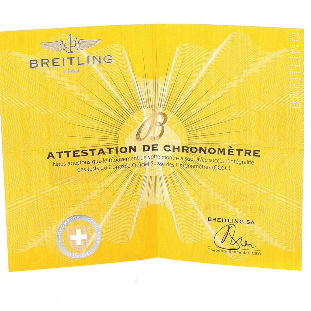 This image shows the chronometer certification document for a Breitling Navitimer AB01273A Men's Stainless Steel Grey Dial AB01273A Men's Stainless Steel Grey Dial watch.