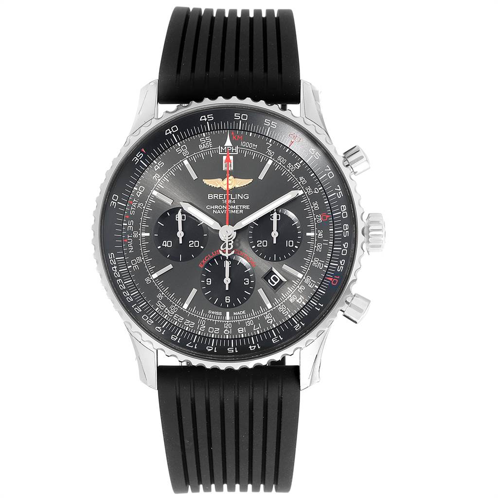 This image shows a front view of a Breitling Navitimer AB01273A Men's Stainless Steel Grey Dial AB01273A Men's Stainless Steel Grey Dial watch, featuring its dial, bezel, case, and black rubber strap.