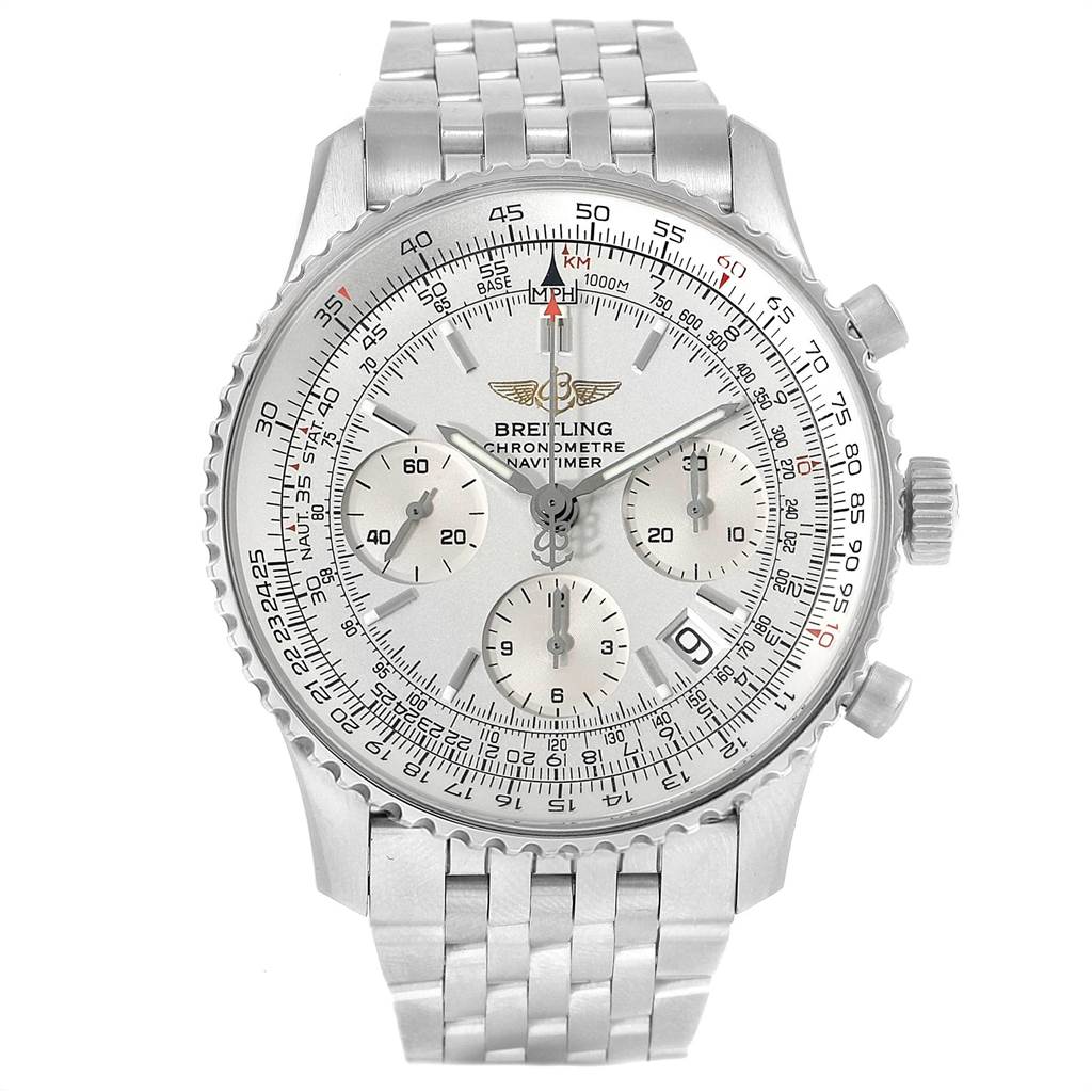 This image shows a frontal view of a Breitling Navitimer A23322 Men
s Stainless Steel Silver Dial A23322 Men
s Stainless Steel Silver Dial watch, highlighting its dial, chronograph sub-dials, and stainless steel bracelet.