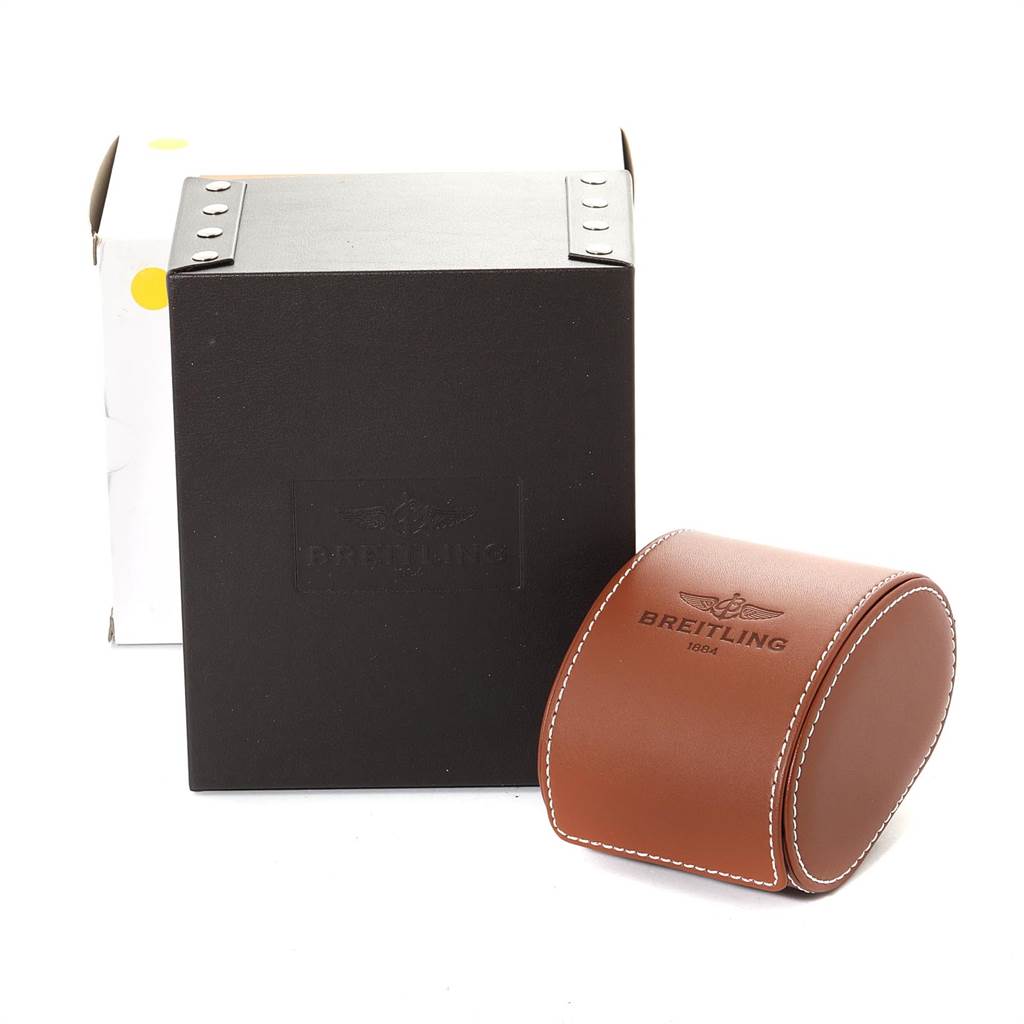 The image shows the packaging and leather case for a Breitling Navitimer A23322 Men
s Stainless Steel Silver Dial A23322 Men
s Stainless Steel Silver Dial watch, viewed from the front.