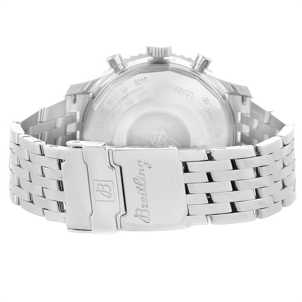 The image shows the back view of the Breitling Navitimer A23322 Men
s Stainless Steel Silver Dial A23322 Men
s Stainless Steel Silver Dial watch, highlighting the stainless steel bracelet and clasp.