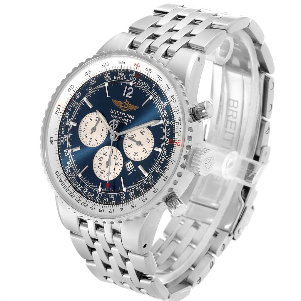 This image shows a Breitling Navitimer A35340 Men
s Stainless Steel Blue Dial A35340 Men
s Stainless Steel Blue Dial watch from a three-quarter angle, highlighting the face, bezel, crown, pushers, and metal bracelet.