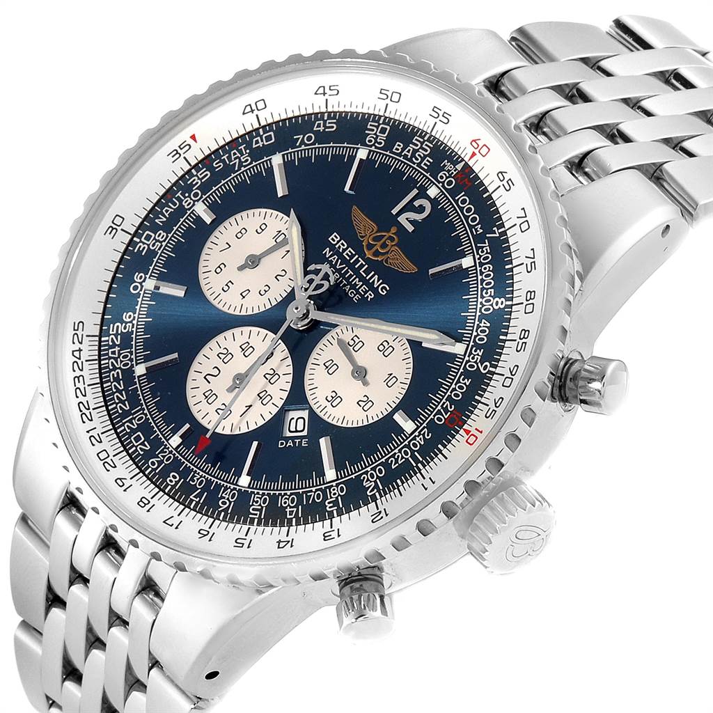 The image shows a slight angled close-up of a Breitling Navitimer A35340 Men
s Stainless Steel Blue Dial A35340 Men
s Stainless Steel Blue Dial watch, highlighting the dial, bezel, and part of the metal bracelet.