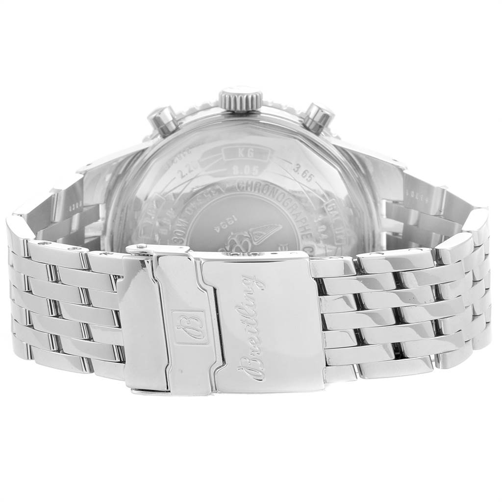 This image shows the back side and the stainless steel bracelet of a Breitling Navitimer A35340 Men
s Stainless Steel Blue Dial A35340 Men
s Stainless Steel Blue Dial watch, focusing on the clasp.