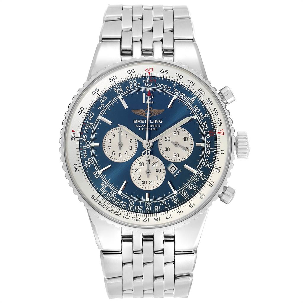 The Breitling Navitimer A35340 Men
s Stainless Steel Blue Dial A35340 Men
s Stainless Steel Blue Dial watch is shown from a top view, highlighting its face, dial, bezel, and metallic strap.
