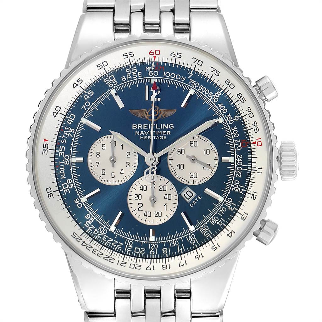 The image shows a front view of a Breitling Navitimer A35340 Men
s Stainless Steel Blue Dial A35340 Men
s Stainless Steel Blue Dial watch, displaying the dial, subdials, crown, and stainless steel bracelet.