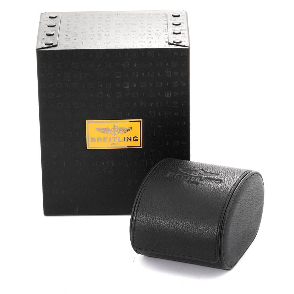 The image shows the packaging for a Breitling Navitimer A35340 Men
s Stainless Steel Blue Dial A35340 Men
s Stainless Steel Blue Dial watch, including a black box and a black leather case.