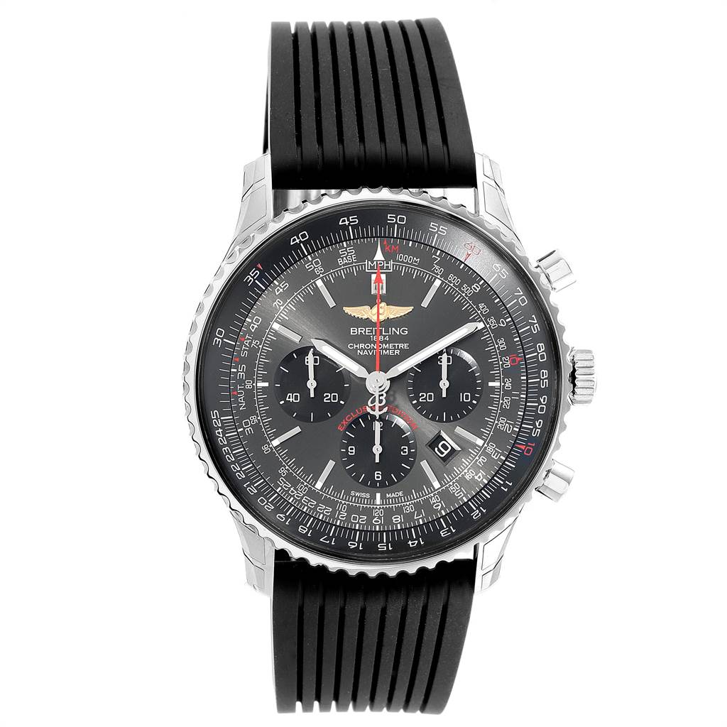 The image shows a front view of a Breitling Navitimer AB01273A Men's Stainless Steel Grey Dial AB01273A Men's Stainless Steel Grey Dial watch, highlighting its black dial, chronograph subdials, and black rubber strap.