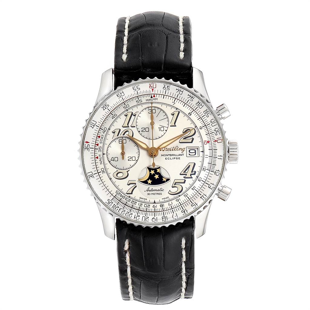 The image shows a front view of the Breitling Navitimer A43030 Men's Stainless Steel Silver Dial A43030 Men's Stainless Steel Silver Dial watch, featuring its face, bezel, and leather strap.