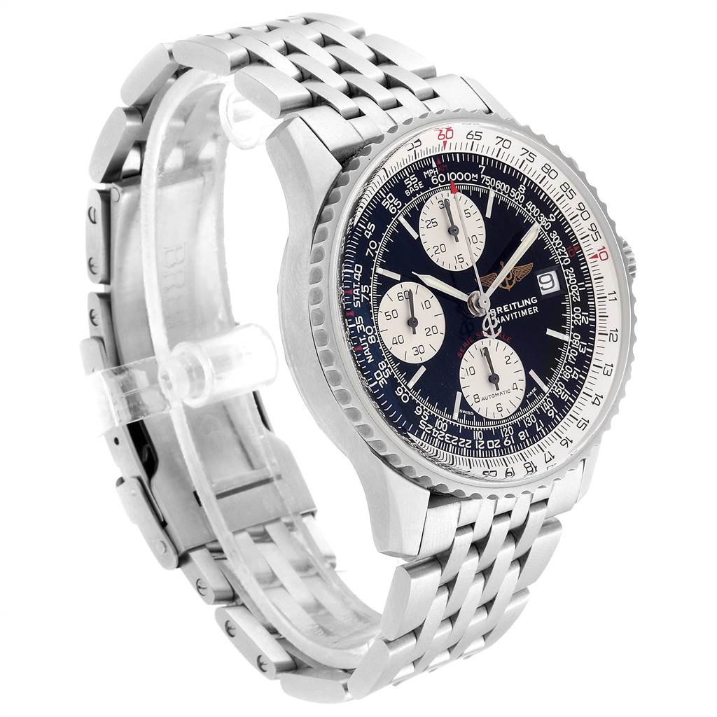 The image shows a Breitling Navitimer A13330 Men's Stainless Steel Black Dial A13330 Men's Stainless Steel Black Dial watch from an angled side view, highlighting the bezel, face, chronographs, strap, and clasp.