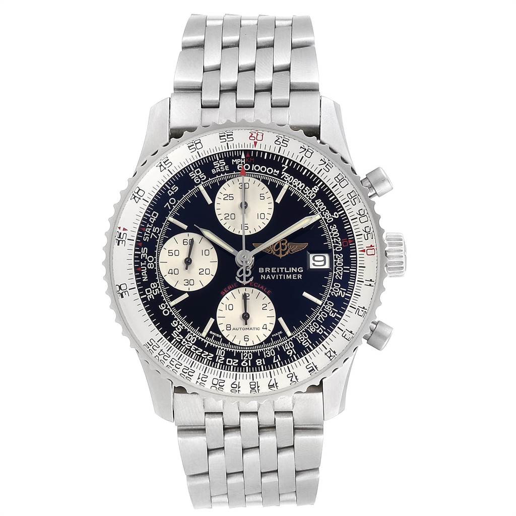 The Breitling Navitimer A13330 Men's Stainless Steel Black Dial A13330 Men's Stainless Steel Black Dial watch is shown from the front, displaying the face, dial, chronographs, date window, and metal bracelet.