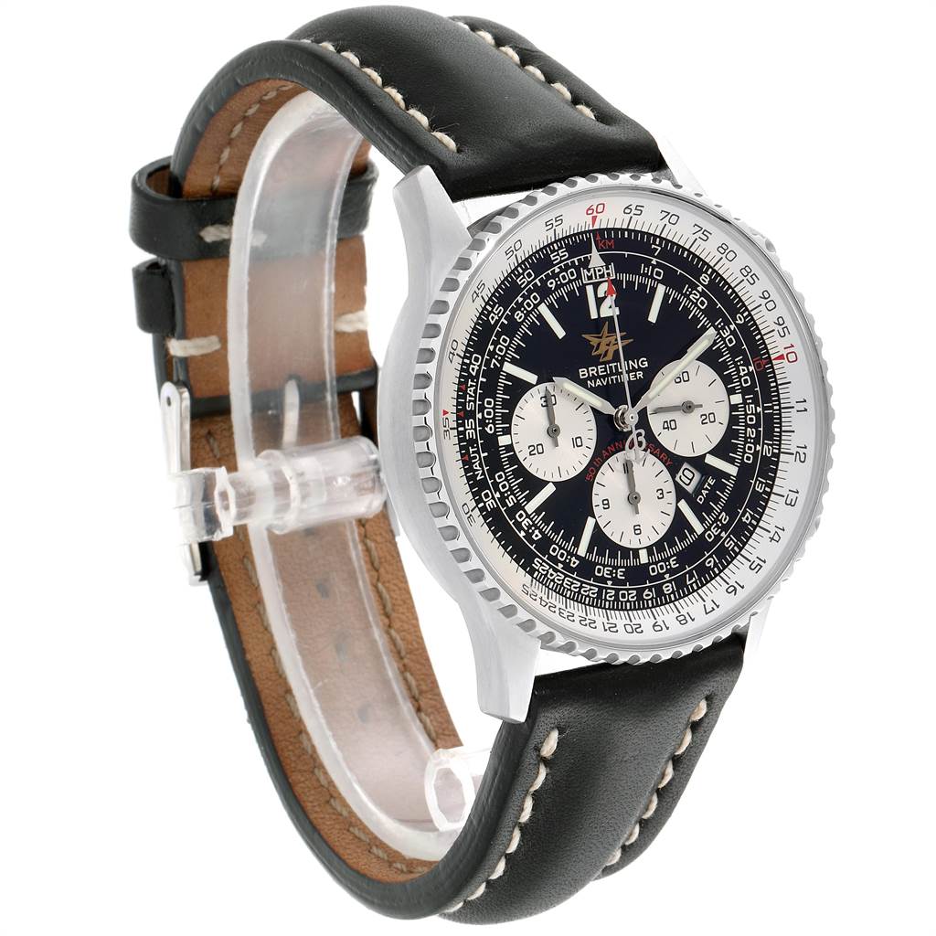 The Breitling Navitimer A41322 Men
s Stainless Steel Black Dial A41322 Men
s Stainless Steel Black Dial watch is shown at a slight left side angle, featuring its black dial, bezel, and leather strap.