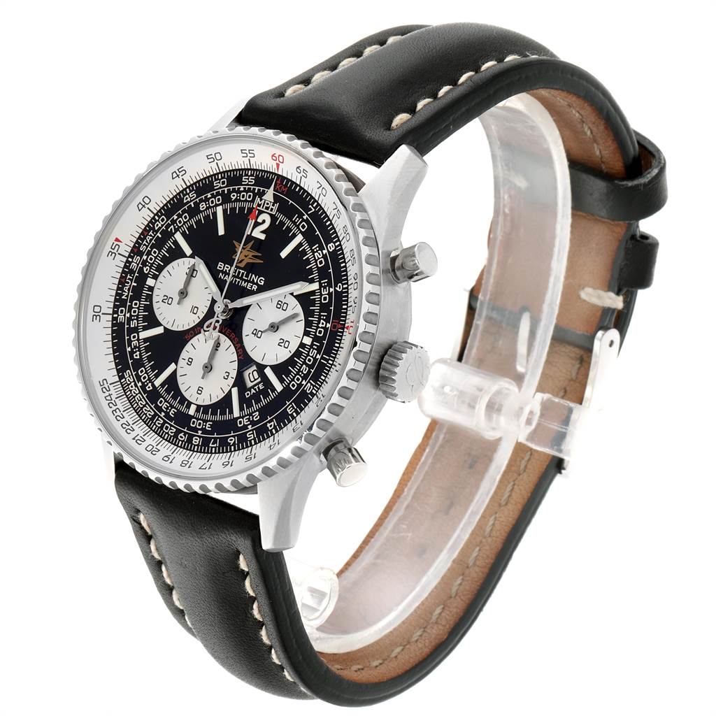 This image shows a Breitling Navitimer A41322 Men
s Stainless Steel Black Dial A41322 Men
s Stainless Steel Black Dial watch at a slightly angled side view, featuring its dial, crown, bezel, and leather strap.
