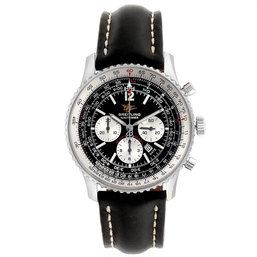 The image shows a front view of a Breitling Navitimer A41322 Men
s Stainless Steel Black Dial A41322 Men
s Stainless Steel Black Dial watch with a black leather strap, black dial, and multiple subdials.