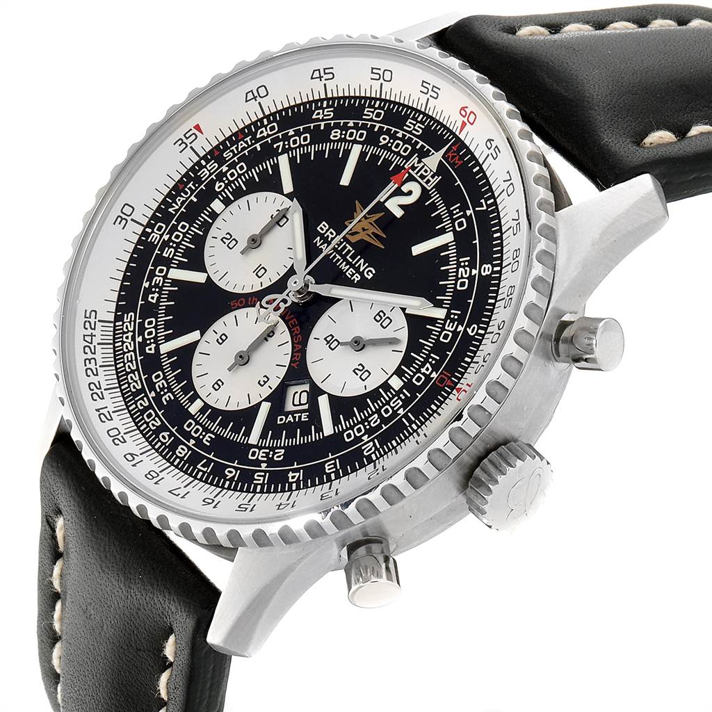 This image shows a close-up of the face and side profile of a Breitling Navitimer A41322 Men
s Stainless Steel Black Dial A41322 Men
s Stainless Steel Black Dial watch, highlighting the dials, bezel, and crown.